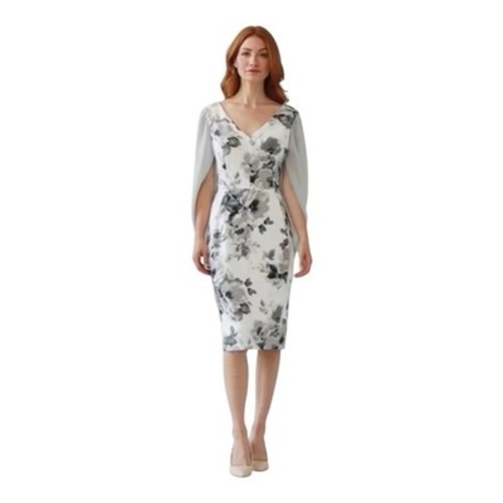 $258 Joseph Ribkoff White Grey Floral Cape Shoulder Dress Womens Size 10